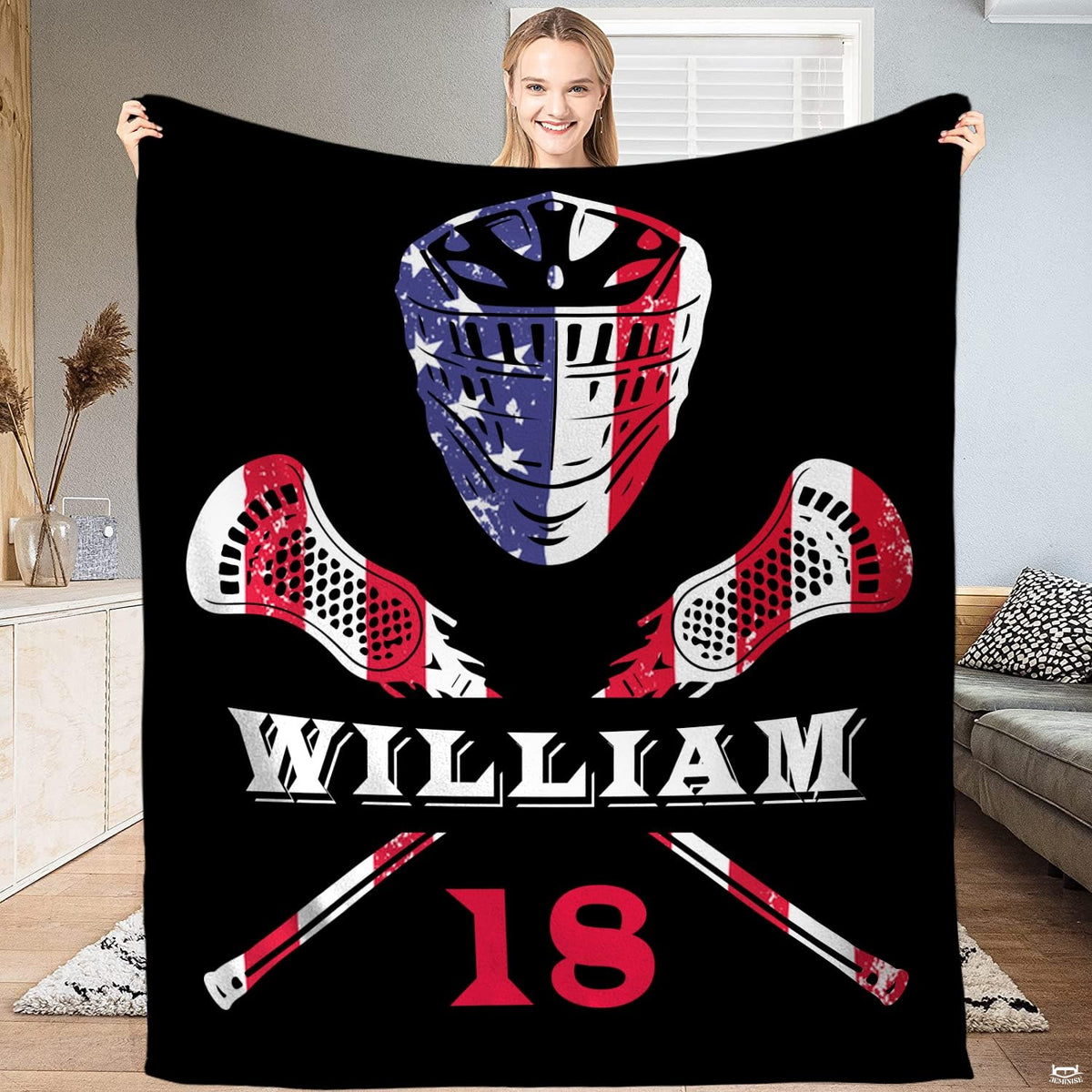 American flag lacrosse helmet and crossed sticks blanket held upright