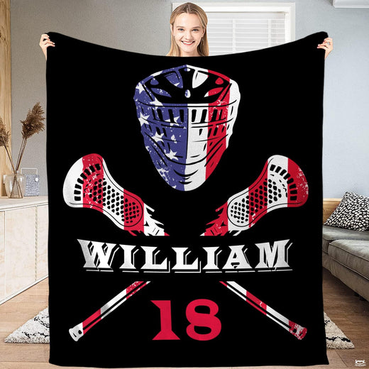 American flag lacrosse helmet and crossed sticks blanket held upright