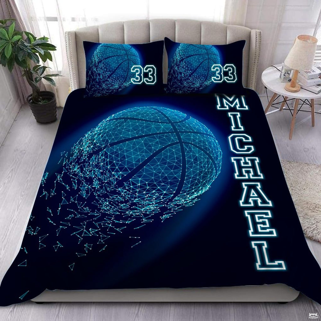 Shattering wireframe basketball bedding featuring neon cyan polygonal ball dissolving into flying geometric shards