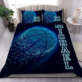 Shattering wireframe basketball bedding featuring neon cyan polygonal ball dissolving into flying geometric shards