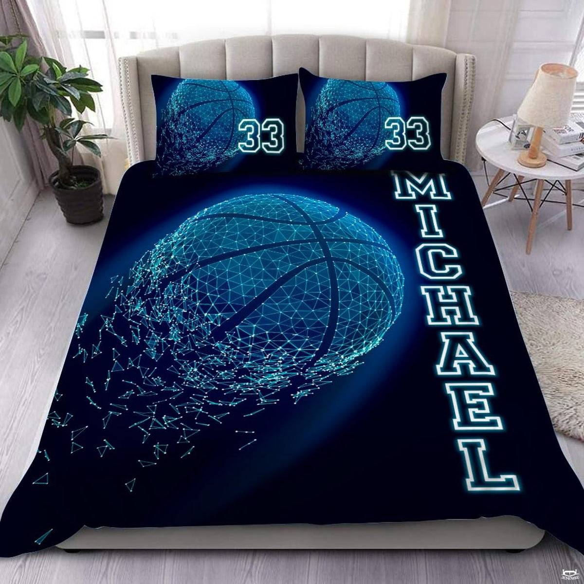 Shattering wireframe basketball bedding featuring neon cyan polygonal ball dissolving into flying geometric shards