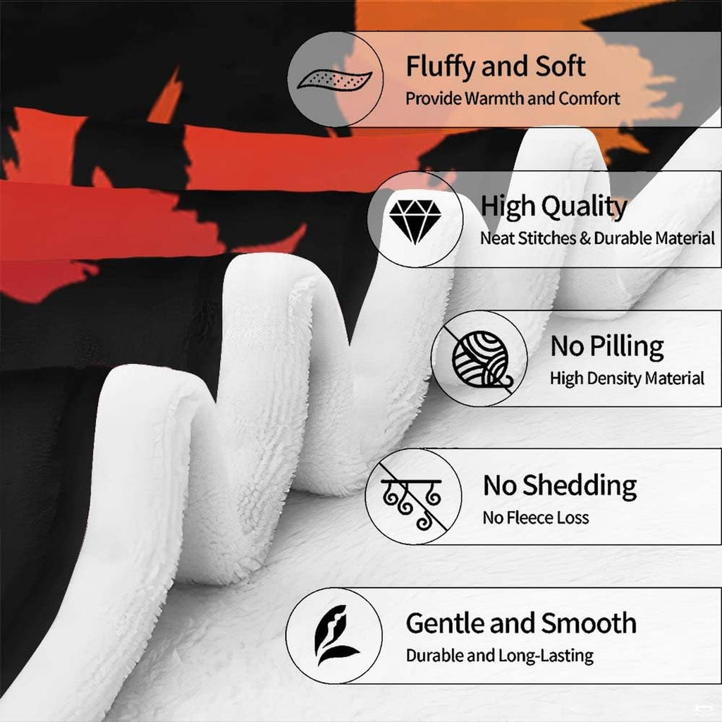 Infographic detailing plush fleece blanket texture, edge stitching, and fabric durability features.