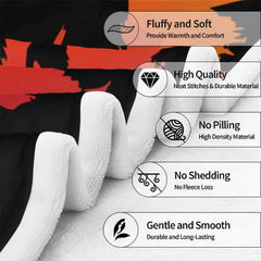 Infographic detailing plush fleece blanket texture, edge stitching, and fabric durability features.