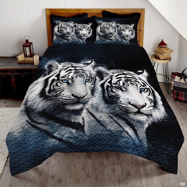 Two white tigers with bright blue eyes side by side against dark background on wildlife bedding set.