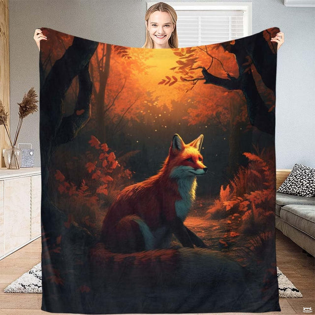 Autumn fox bedding set displaying an illustrated red fox amid rust orange foliage and thematic accent sunbeams.