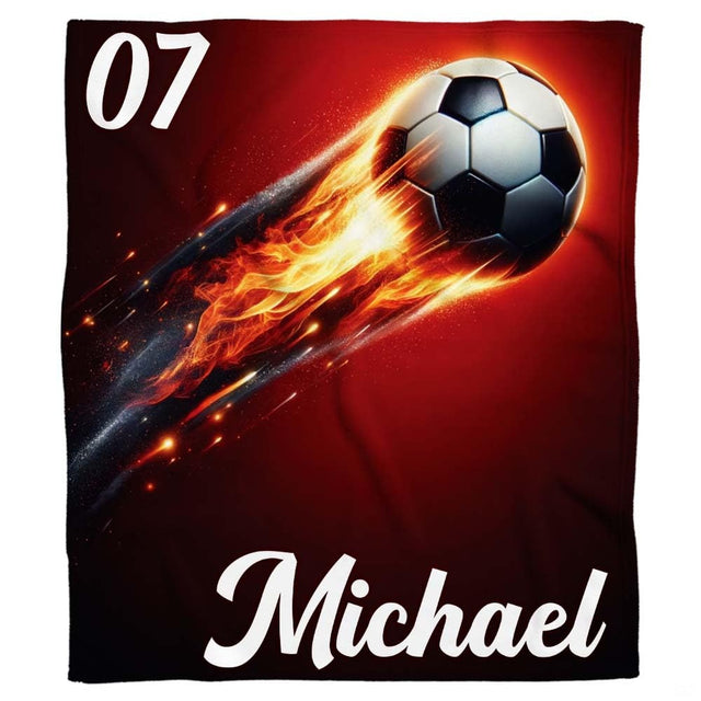 Flat perspective showing the blazing soccer ball graphic with athletic numbering and cursive name.