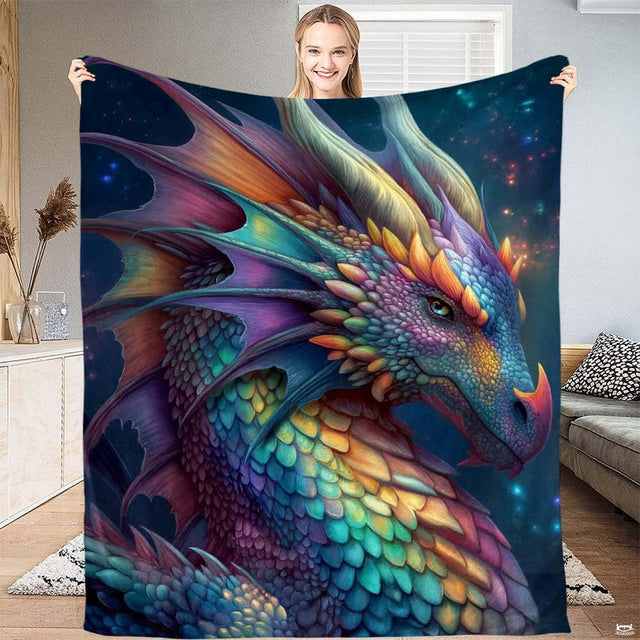 Colorful iridescent fantasy dragon throw blanket featuring a rainbow scaled dragon in starry cosmic space
