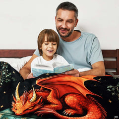 Sleeping dragon artwork blanket folded on reading room armchair