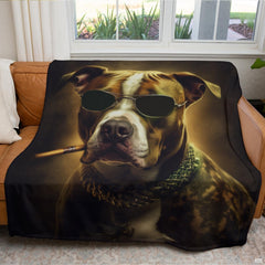 Detailed graphic illustration of a cool bulldog with aviator sunglasses and chain necklace on bedroom bedding.