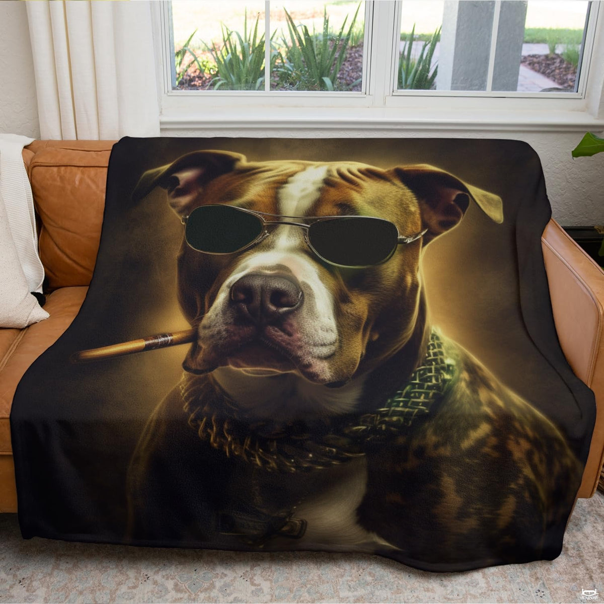 Detailed graphic illustration of a cool bulldog with aviator sunglasses and chain necklace on bedroom bedding.
