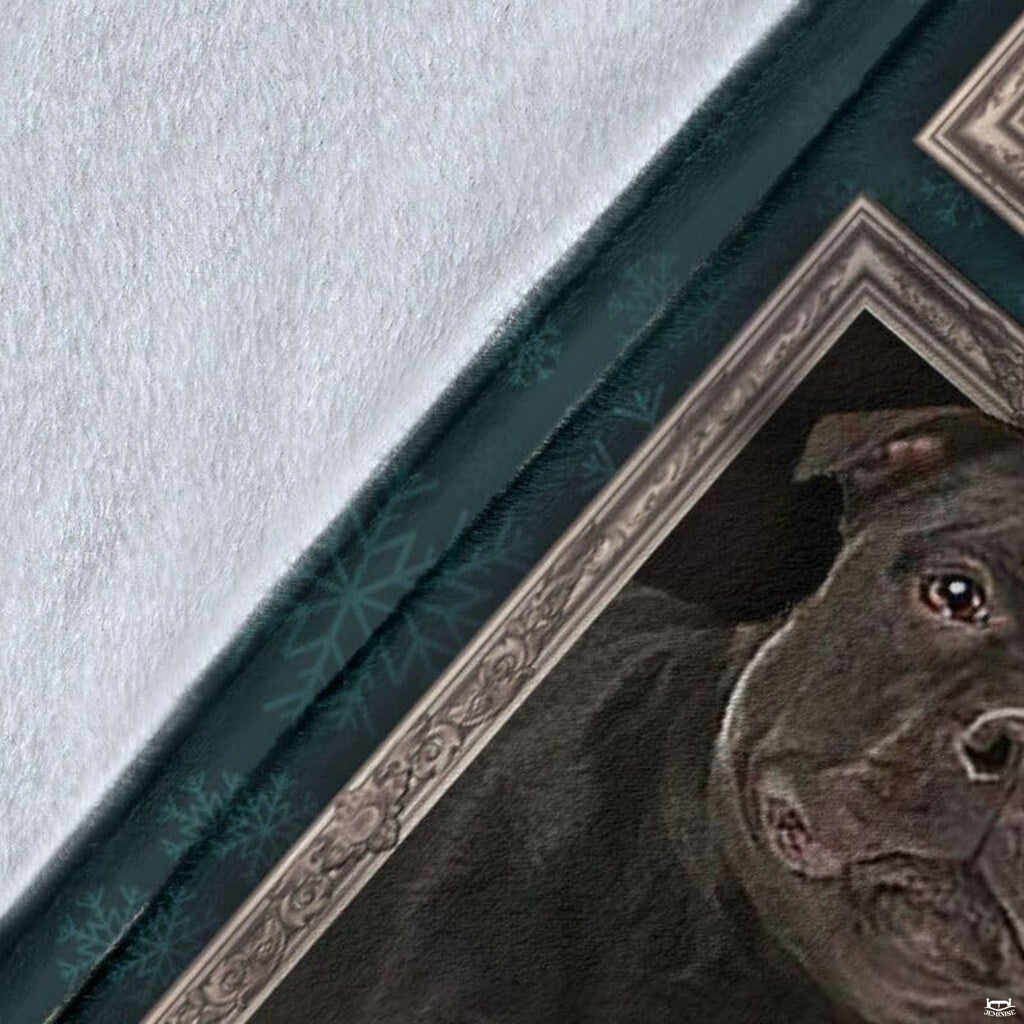 Close-up detail shot of the Staffordshire Bull Terrier blanket showing edge detail and teal snowflake art.
