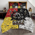 Native american bedding featuring chief war bonnet shield artwork and red yellow paisley borders.