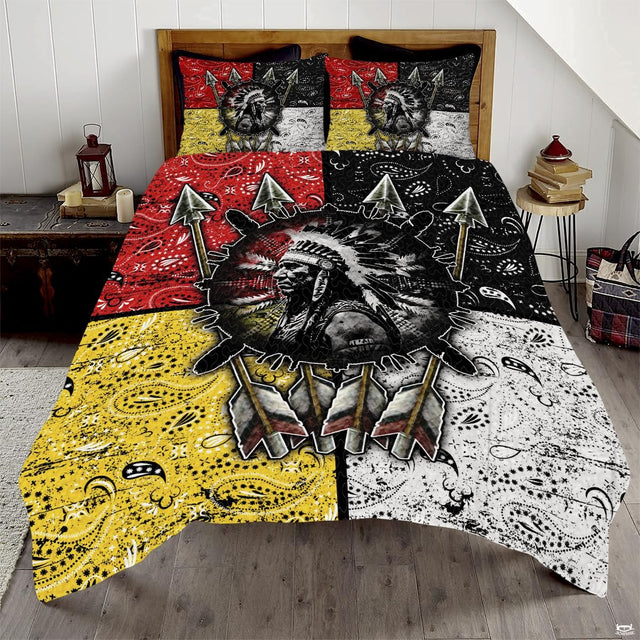 Native american bedding featuring chief war bonnet shield artwork and red yellow paisley borders.