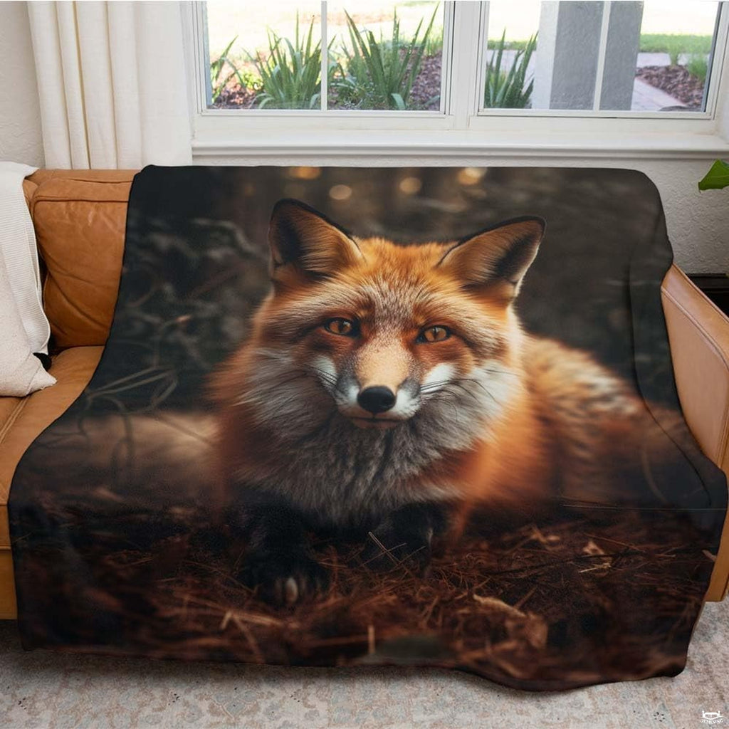 Overhead room perspective of red fox wildlife illustration across styled bedding set.