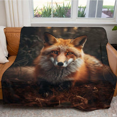 Overhead room perspective of red fox wildlife illustration across styled bedding set.