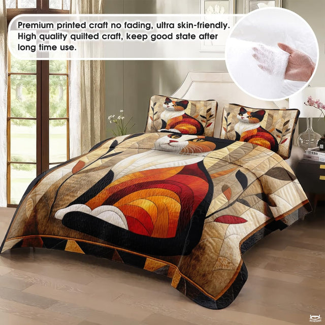 Cat Quilt Set - Cat Patchwork Style Printed Bedding, Animal Patchwork Bedset, Farmhouse Blanket with Pillowcases, Premium Quilt Pattern Bedding Set, Twin Full Queen Size