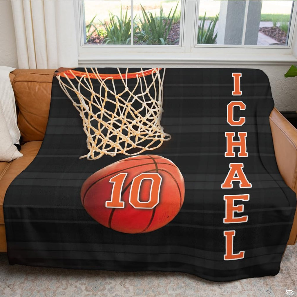 Basketball hoop sports throw blanket view 5 highlighting textured basketball and woven net graphics