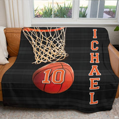 Basketball hoop sports throw blanket view 5 highlighting textured basketball and woven net graphics