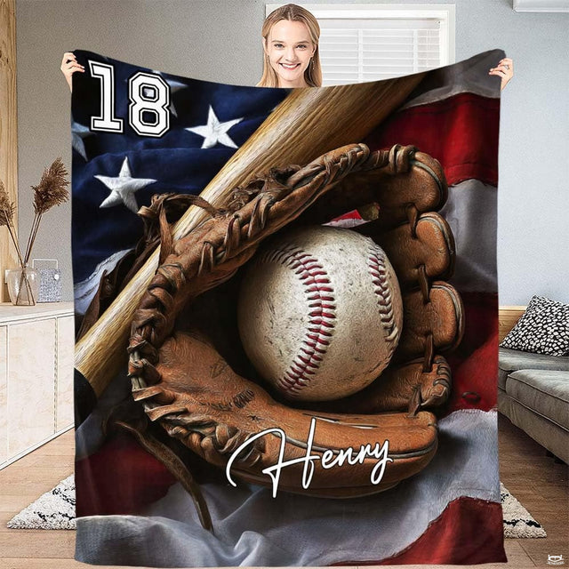 Baseball glove bat throw blanket view 2 highlighting American flag, wooden bat details, and sports room styling