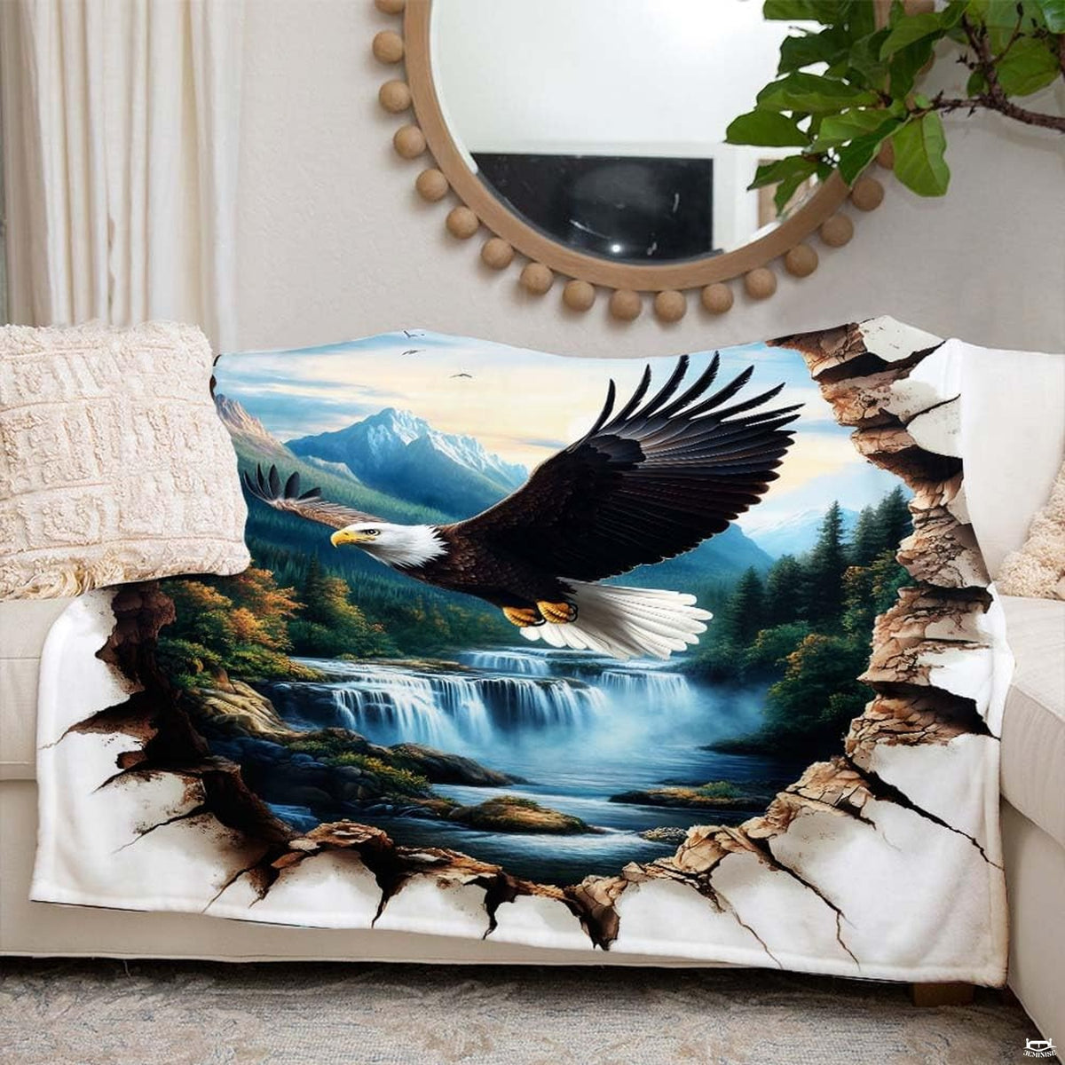 Flying bald eagle waterfall mountain throw blanket perspective 6 detailing eagle wings and landscape