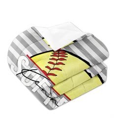 Softball Ball Sports Comforter Set – Bright Teal Yellow Bedding for Women & Girls, Decorative Soft Cozy Bedroom Set Available in Twin, Queen, King Sizes