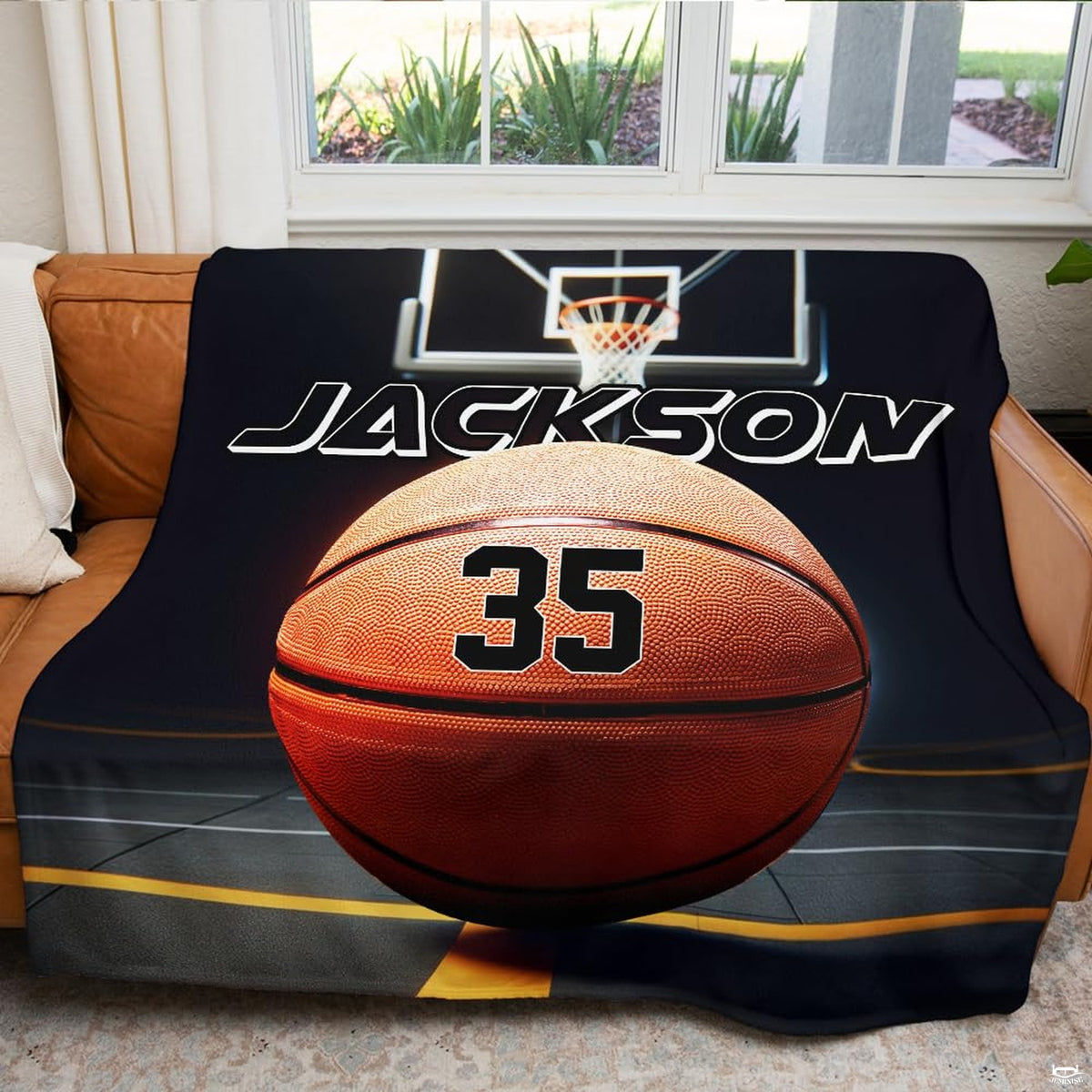 Detailed graphic print of athletic hardwood flooring and arena backboard hoop on sports bedding.