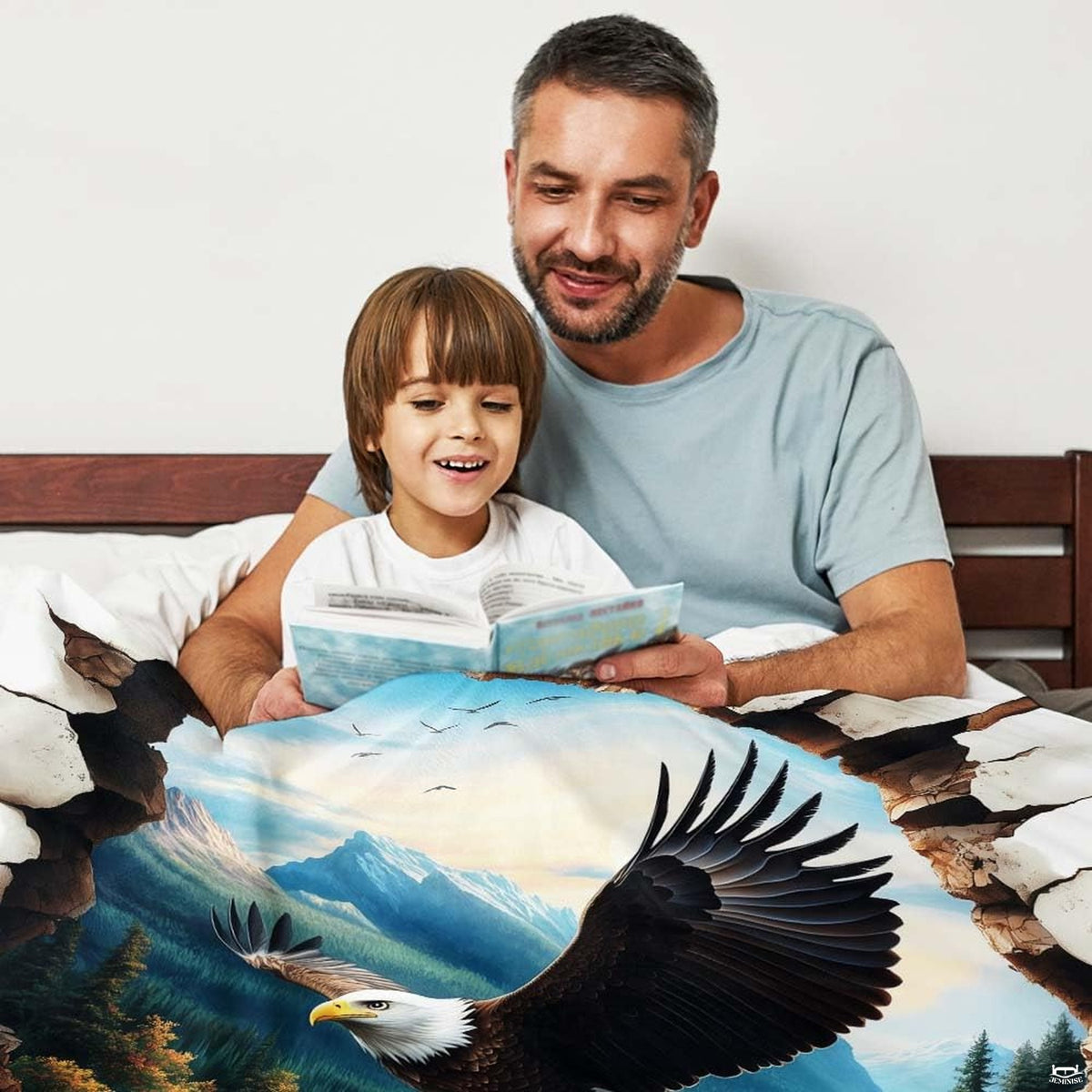 Flying bald eagle waterfall mountain throw blanket perspective 2 detailing eagle wings and landscape