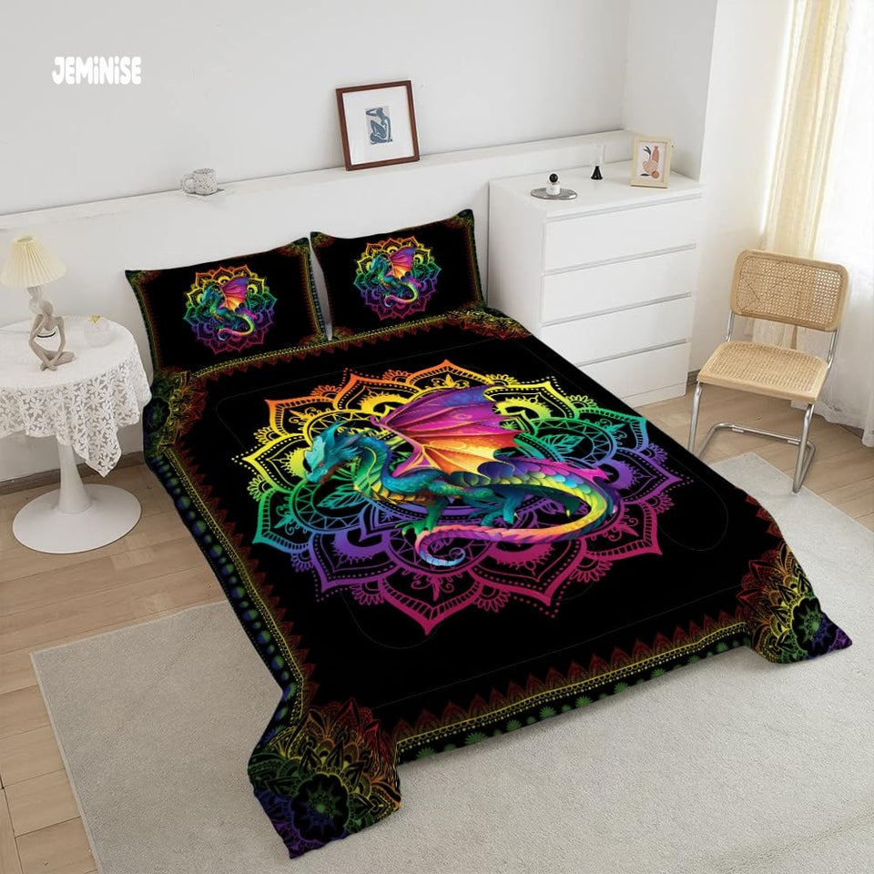 Jeminise Colorful Dragon Comforter Set, Fantasy Gradient Bedding