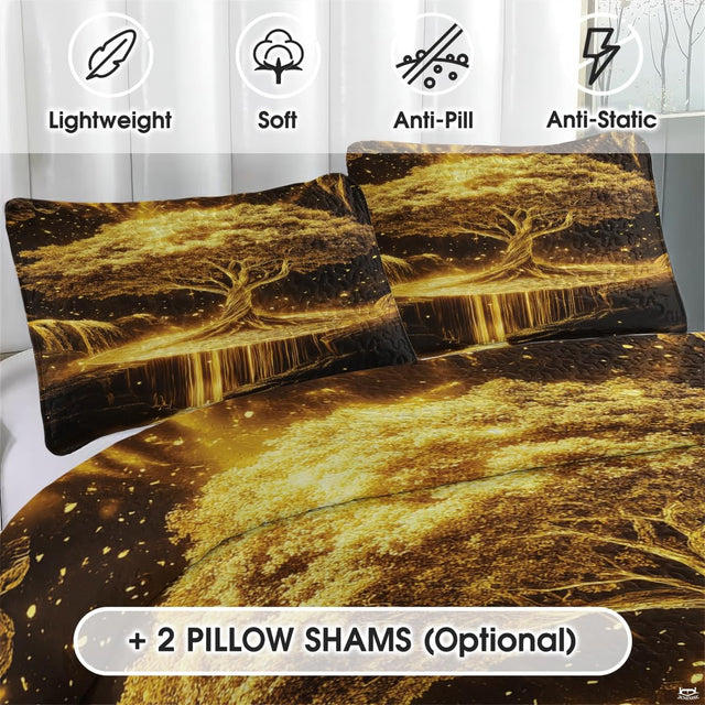 Close view of luminous golden branches, twisting roots, and celestial stars on a dark backdrop.