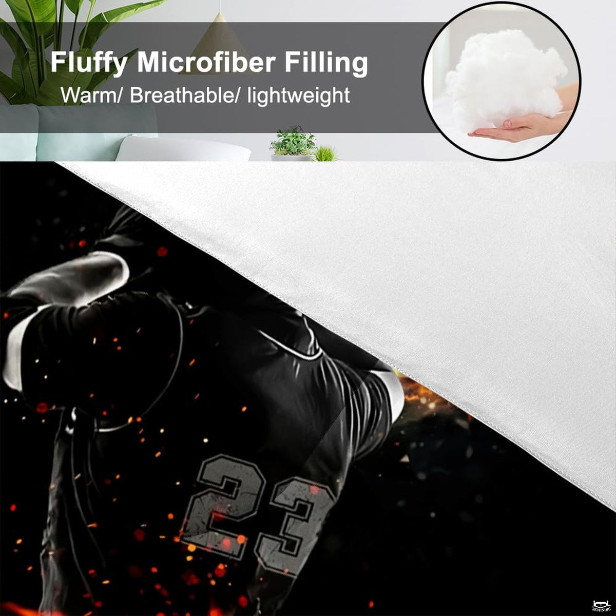Side angle view of athletic galaxy bedding showing deep black and celestial white tones draped across the bed