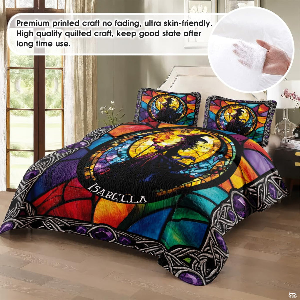 Overhead visual perspective of gothic fantasy stained glass witch bedroom decor styling.
