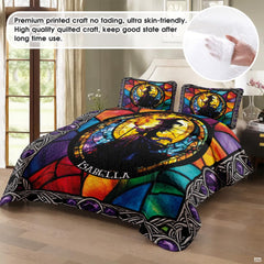 Overhead visual perspective of gothic fantasy stained glass witch bedroom decor styling.