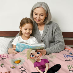 Floral faith throw blanket draped over a grandmother and child reading together in bed