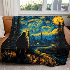Artistic folklore bedroom decor showcasing vibrant yellow vortex stars and Sasquatch nightscape.