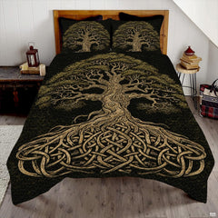Celtic Tree of Life Bedding Set featuring golden Yggdrasil knotwork roots and olive canopy on textured dark background