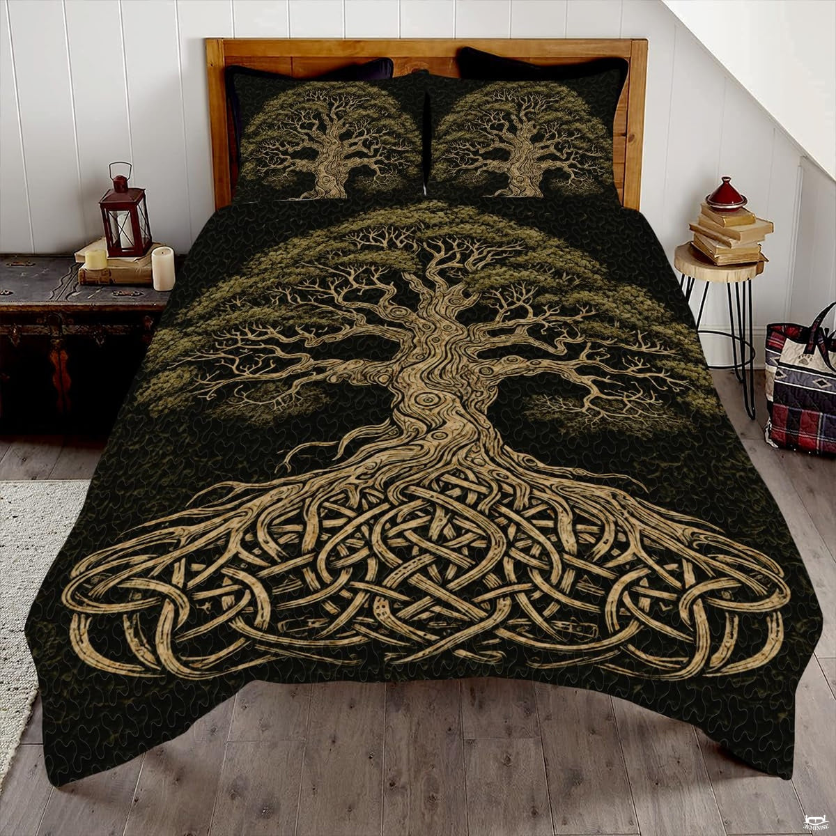 Celtic Tree of Life Bedding Set featuring golden Yggdrasil knotwork roots and olive canopy on textured dark background