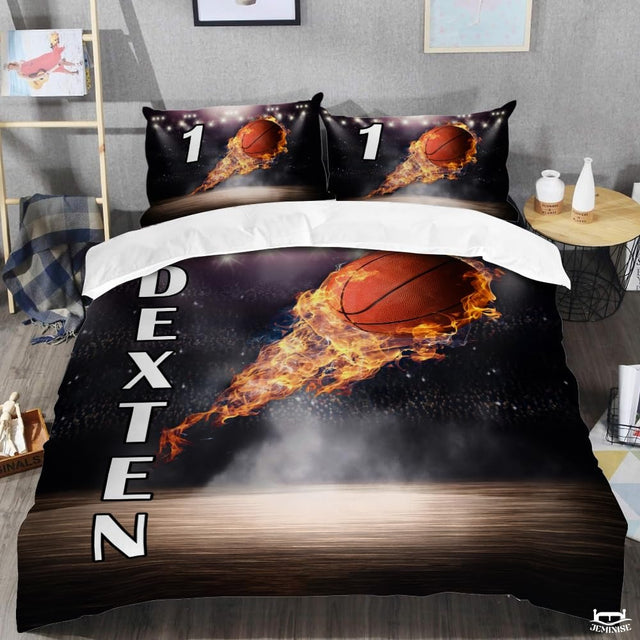 Personalized Basketball Flames Flying Over Comforter with Name and Number