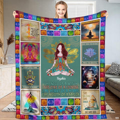 Folded presentation of the meditation yoga throw blanket resting neatly on an armchair.