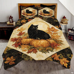 Golden wheat and espresso autumn leaf bedding set featuring maple foliage and pumpkin patchwork in rich harvest tones.