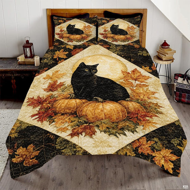 Golden wheat and espresso autumn leaf bedding set featuring maple foliage and pumpkin patchwork in rich harvest tones.