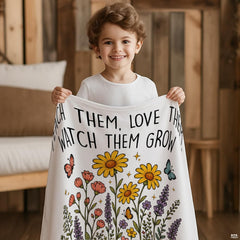 Angle view of teacher appreciation throw blanket showing crisp edges and colorful wildflower meadow