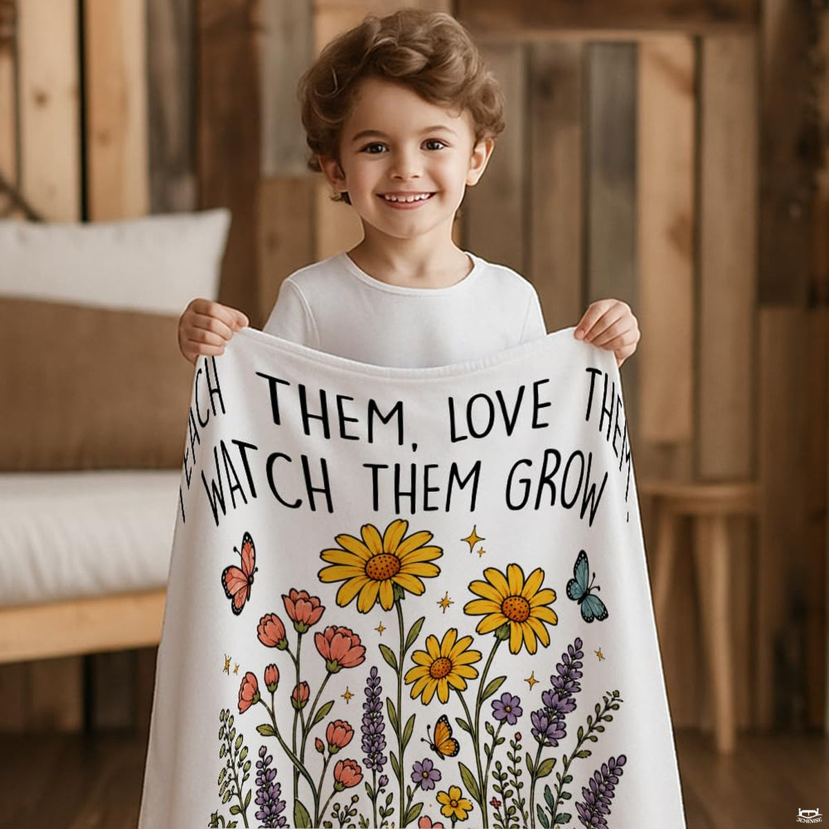 Angle view of teacher appreciation throw blanket showing crisp edges and colorful wildflower meadow
