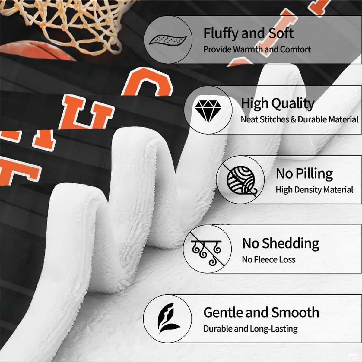 Basketball hoop sports throw blanket view 7 highlighting textured basketball and woven net graphics