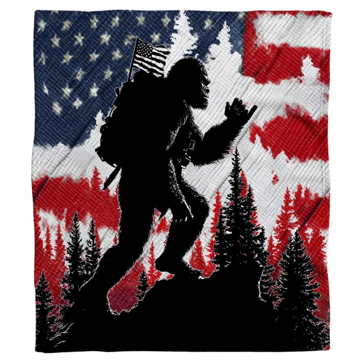 Patriotic Bigfoot throw blanket view 2 highlighting hiking Sasquatch silhouette and American flag pine trees