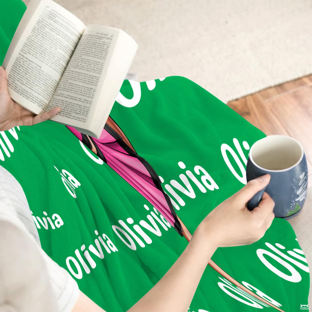Detailed view of cheerleader high leg hold graphic in pink uniform against emerald background.
