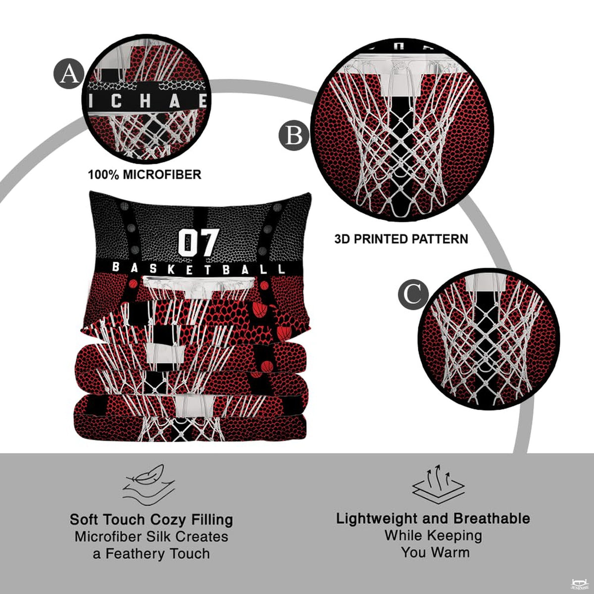 Overhead view of red and black basketball bedding arranged neatly across an athletic youth bedroom mattress