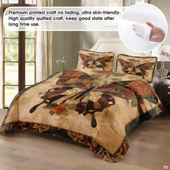 Top-down view of butterfly bedding set highlighting detailed butterfly silhouettes and terracotta patchwork borders.