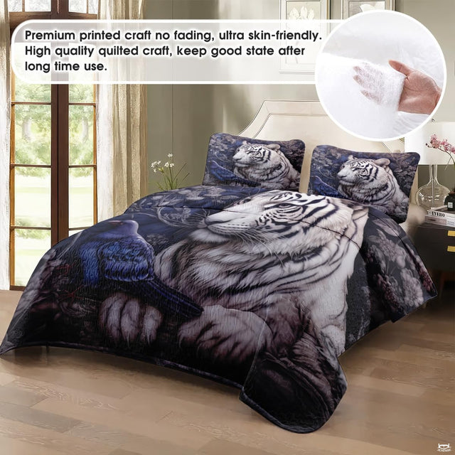 White tiger and raven-like bird artwork in a bedroom scene