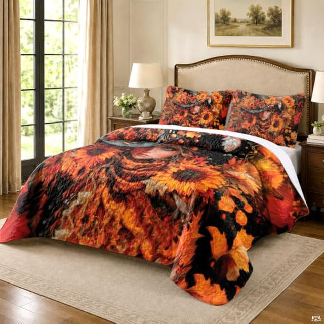 Master bedroom angle showing bed styled with vivid sunflower and autumn witch decorative bedding.