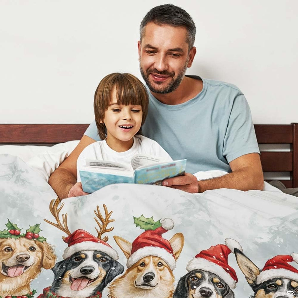 thematic accent bedroom aesthetic with Christmas dog bedding double accented by red and green holiday decor.